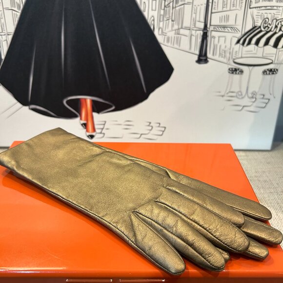 Stylish Long Gold Metallic Italian Leather & Cashmere Lined Gloves Size 7 - Picture 2 of 5